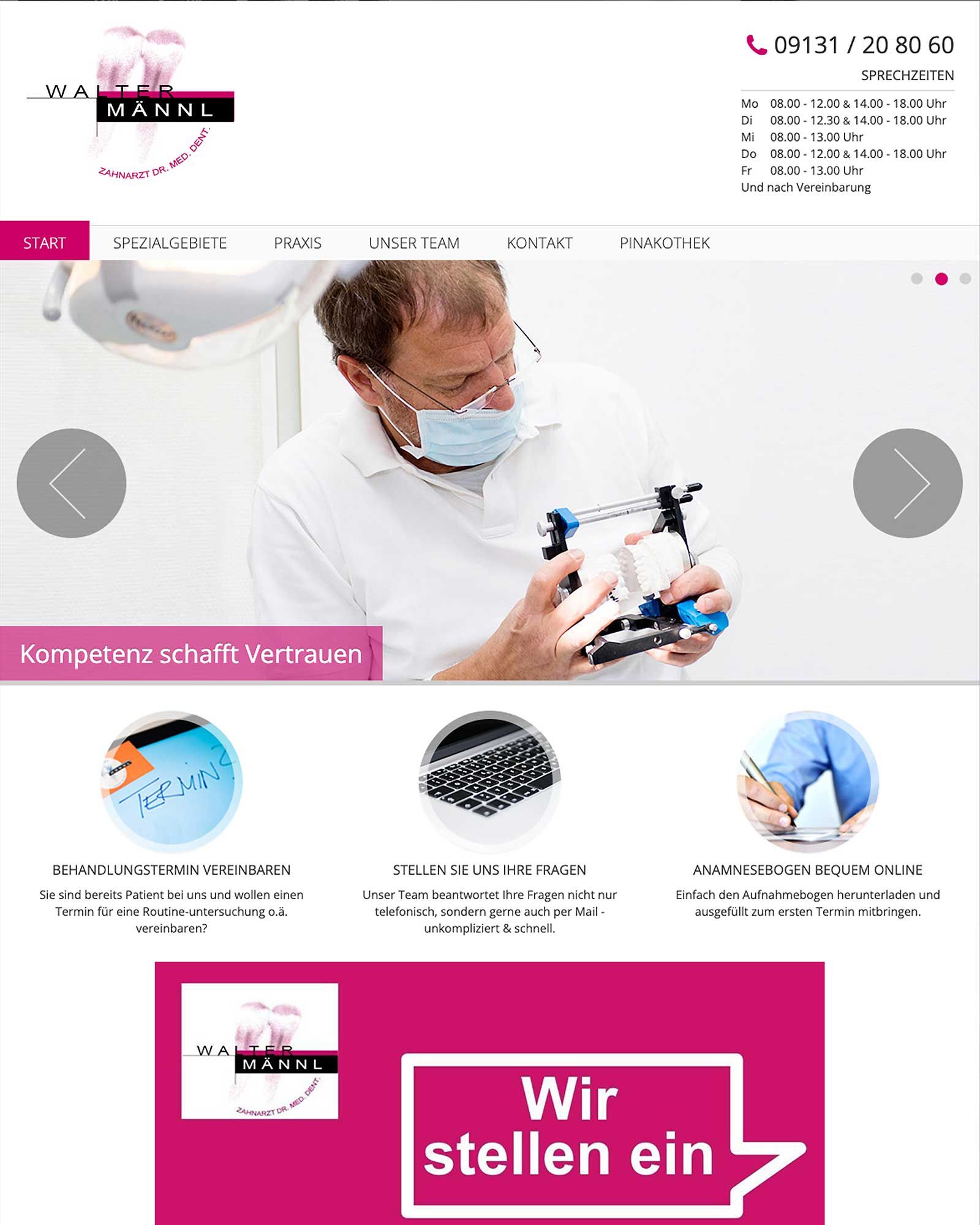 Startseite der Website der Zahnarztpraxis Dr. Walter Männl: Logo, Telefonnummer und Sprechzeiten, Bildslider mit dem Zahnarzt bei der Arbeit und drei Service-Kacheln.