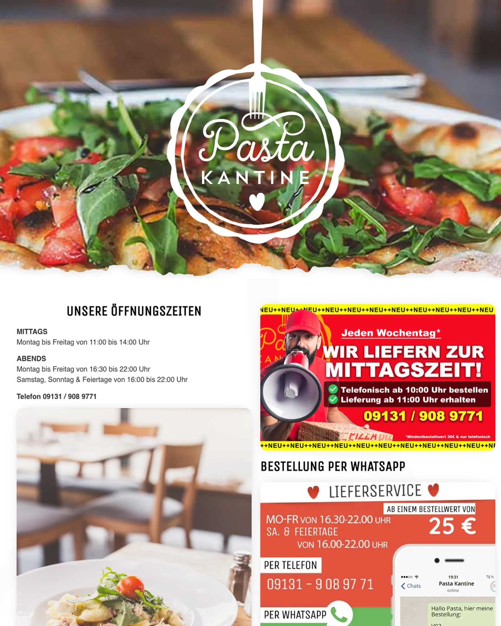Startseite der Website der Pasta Kantine: Pizza-Foto mit rundem Logo, Öffnungszeiten, Hinweis auf den Mittags-Lieferservice und Bestellung per WhatsApp.
